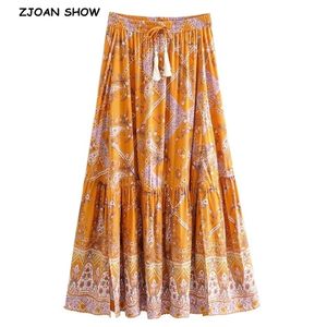 Bohemian Orange Floral Print Lange Rok Boho Vakantie Vrouwen Stitching Geplooide Vlekkende stroom Taille Floor Lengte Rokken 210429