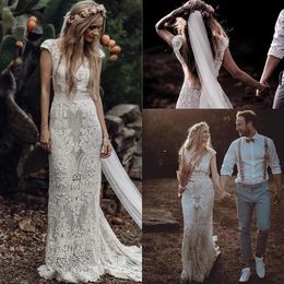 Bohemian Pastrol Trouwjurk Cap Mouw V-hals Haak Katoen Kant Country Mermaid Backless Bruidsjurken Abito Sposa Pizzo