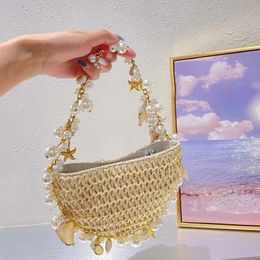 Bohemian Pearls Bag Straw Conch Starfish Women Bolsbs Half Moon Beach Shoulder Designer Rattan Crossbody Bags Ladies Tote 240430