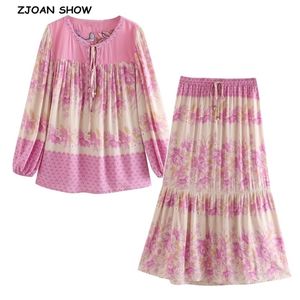 Bohemian Pink Floral Print Shirt Vakantie Vrouwen Hoge Elastische Taille Mid-Calf Rokken Lange Mouw Vest Cardigan Blouse 2 Stuks Set 210429