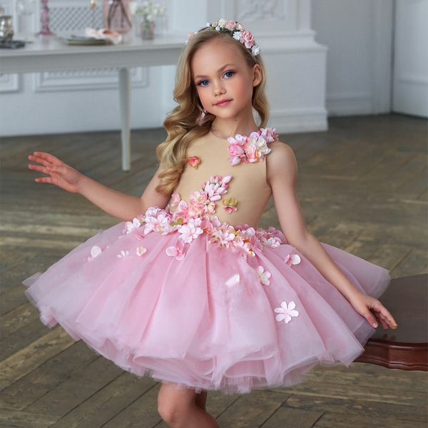 Bohemian Rose Flower Girl Robes pour le mariage de plage 3d Fleurs Pageant Robes une ligne Boho Lace Ball Robe Kids First Holy Communion Tutu Birthday Party Robe 403