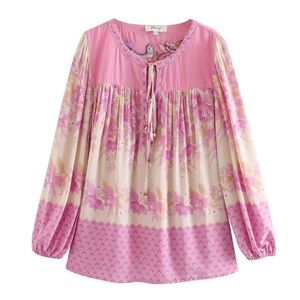Boheemse roze Oranje Floral Print Pullover Shirt Etnische Dames Bell Bow Lace Up O Neck Lange Mouw Blouse Tops 210429