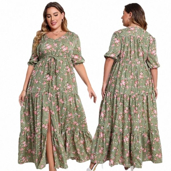 Bohemio Tallas grandes Dres Mujeres con cuello en V Fi Floral Impreso Flojo Dr Casual Elegante Primavera Verano Streetwear 44cf #