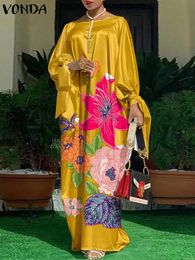 Vestido bohemio de talla grande Vonda 2023 Mujeres de manga larga Vintage Vintage Floral Casual Impreso Maxi Sundress 240422