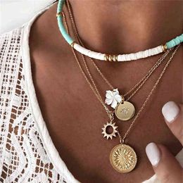 Boheemse polymeer klei choker goud kleur zon bloem hanger gelaagde ketting voor vrouwen Collier sieraden G1206