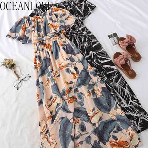 Boheemse print lange jurken off shoulder sexy vestidos ruches zomer bloemen strand stijl casual vrouwen jurk 13961 210415