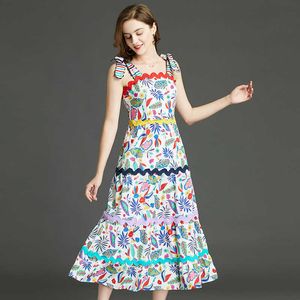 Bohemian Print Sling Dress Dames Vierkante Kraag Mouwloze Mode Hoge Taille Hit Kleur Jurken Vrouwelijke 210529