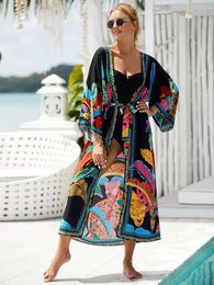 Bohemian Imprimé Belt Kimono Plus Size Batwing Man Manged Robe Automne 2023 Femmes Loose Beachwear Swimsuit Cover Up Sarong Q1 240523