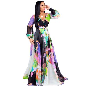 Bohemian bedrukte chiffon lange jurk dames volledige mouw v-hals sjerpen avondjurken zomer vintage losse strand maxi-jurk