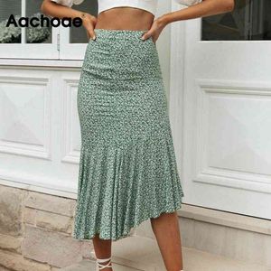 Bohème imprimé midi femmes taille haute volants jupes vintage été chic jupe moulante jupe femme 210413