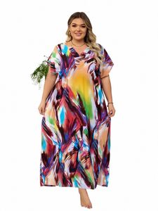 Bohème imprimé grande taille sexy col en V à manches courtes lâche Dr tunique pour femmes 2024 été maillots de bain Moo Moo Dres Q831 e0qN #