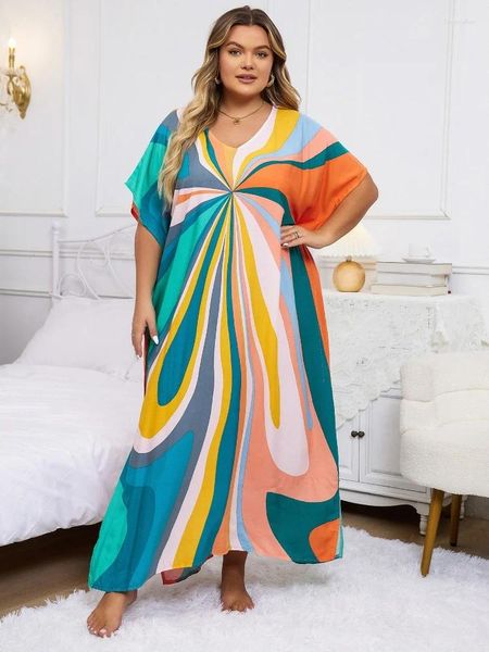Bohemian imprimé plus taille Femme Turc Kaftan Colorful V Neck Beach Wear Swim Cople Copture Up Loose Summer House Robe