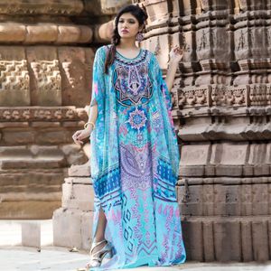 Bohemian Gedrukt Vrouwen Caftan Beach Jurk Badpak Cover Up Summer Tuniek voor Vrouw Beachwear Robe de Plage Kaftan # Q741 210420