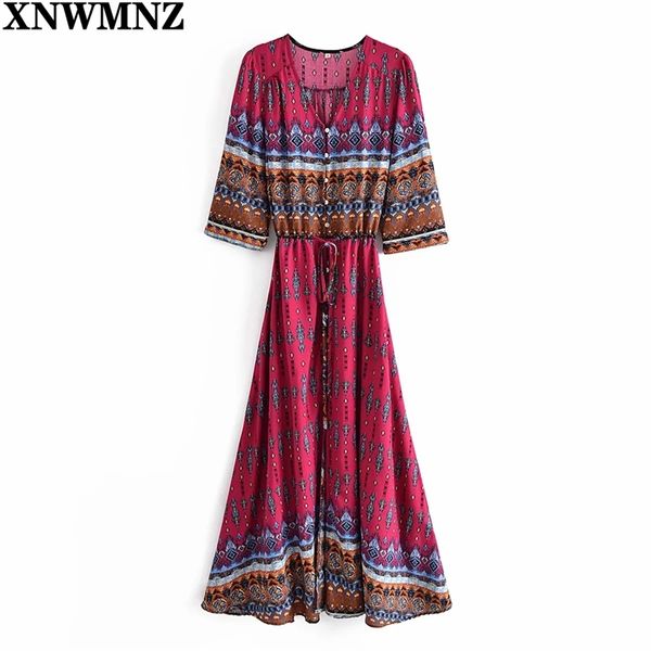 Vestido largo de impresión bohemia Mujer Maxi Estampado floral Retro Hippie Chic Ropa de estilo étnico Boho 210520