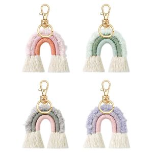 Porte-clés bohème arc-en-ciel en peluche avec pompon, fait à la main en fil de coton, porte-clés à breloques pour femmes, anneaux, cadeaux de noël