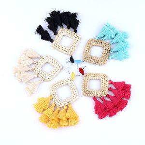 Bohemian Rattan Tassel Dangle Oorbellen voor Vrouwen Lichtgewicht Boho Sieraden Handgemaakte Wevende Geometrische Lange Drop-verklaring