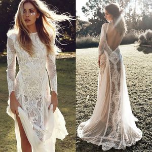 Boheemse schede trouwjurk lange mouwen Chiffon en Lace Beach Bridal Jurk 2023 Appliques naakt voering Sexy Backless Summer Vestidos de Novia Sweep Train