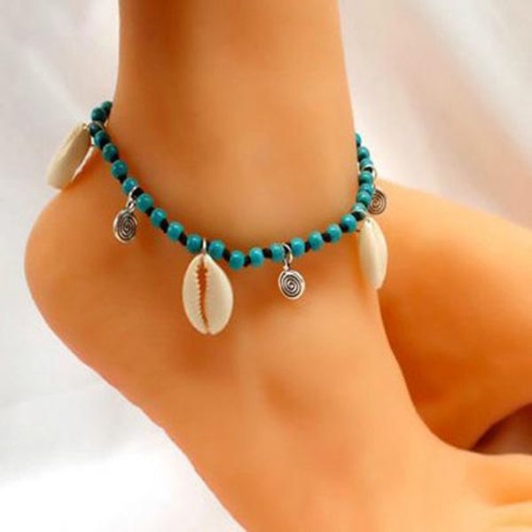 Bracelets de cheville en coquille de bohème pour femmes Vintage fait à la main perles de pierre Bracelet de cheville sur la jambe nouvelle plage pieds nus sandale bijoux de pied