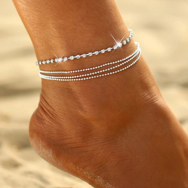 Tobillera bohemia de color Sier de oro blanco de 14 quilates, pulsera en la pierna, tobilleras femeninas de moda, descalzas para mujer, joyería de cadena de pie de playa retro de verano