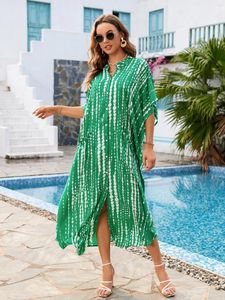 Bohemian Striped Imprided Holiday Beachwear Swimsuit Cover Up Up V Coun Bat Sleved Loose Kaftan 2024 Bikini Cover-ups pour femmes Q1553