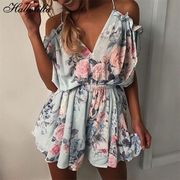 Estilo bohemio Playsuit Estampado floral Mamelucos atractivos Monos cortos Top Macacao Feminino Ropa de mujer Casual Summer Beach Mono T200113