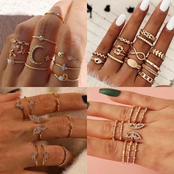 Conjunto de estilo bohemio, cadena de dedo índice mezclada y combinada con articulación de diamante, joyería de anillo de cola para niñas