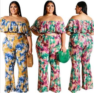 Style Bohème Femmes Tie-Dye Deux Pièces Ensembles Mode Sexy Slash Cou Crop Tops Taille Haute Moulante Pantalon À Fond De Cloche Ensembles Y0625