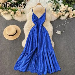 Boheemian Summer Beach Hollow Out Long Dress Sexy Women V-Neck High Taille Single Breasted A-Line Big Swing Vestidos Robe 240425