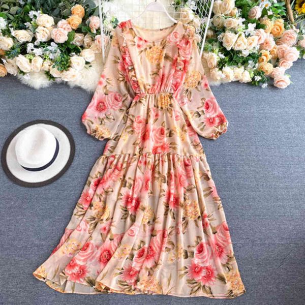 Bohème été femmes mousseline de soie longue DrBoho Chic manches longues taille haute imprimé floral plage Maxi robes 2021 nouvelle robe Mujer X0621