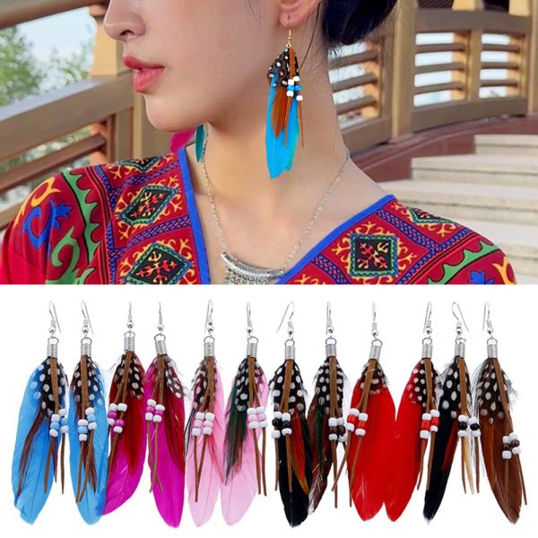 Boucles d'oreilles bohème à pampilles, plumes colorées, perles, plumes indiennes, bijoux d'été à la mode pour femmes