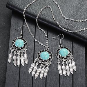 Bohemian Turquoises Bijoux à glace Femme Femmes Silver Couleur en alliage Round Boucles d'oreilles Collier Collier et ethnique Bijoux indiens Cadeaux