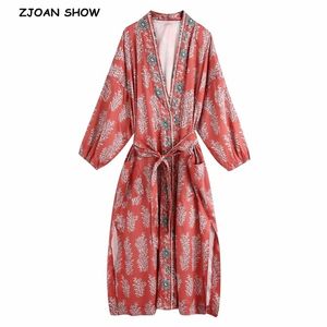 Bohème V Cou Herbe Floral Imprimer Longue Chemise Kimono Ethnique Laçage Avec Ceintures Long BOHO Cardigan Cravate Bow Blouse Tops 210317