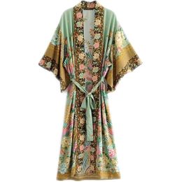 Bohème Col En V Fleur De Paon Imprimé Long Kimono Chemise Ethnique Nouveau Laçage Avec Ceintures Long Cardigan Lâche Blouse Tops Femme Y19062601