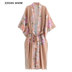 Bohème V Col Paon Fleur Imprimer Longue Kimono Chemise Kaki Vacances Laçage Ceintures Cardigan Lâche Blouse Tops 210719