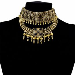 Bohème Vintage alliage noir pierre colliers ras du cou pour les femmes gitane Tribal turc gros collier Festival fête bijoux cadeau Cho266A