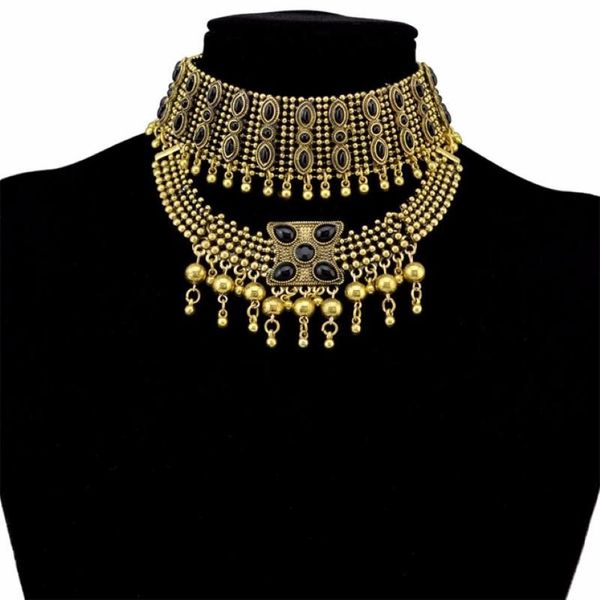 Gargantilla de piedra negra de aleación vintage bohemia para mujer, collar grueso turco tribal gitano, joyería para fiesta y Festival, regalo Cho2785