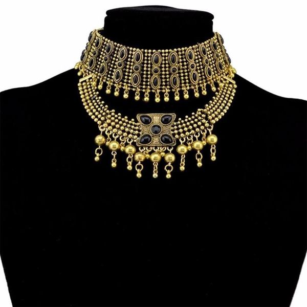 Boêmio vintage liga pedra preta gargantilha colares para mulheres cigano tribal turco robusto colar festival festa jóias presente cho326h