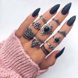 Boheemse vintage lotusbloem kruis maan ring set voor vrouwen zwarte kristallen midi vinger ringen 2021 boho party sieraden geschenken