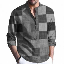 Bohemio Vintage Plaid Imprimir Camisa para hombre Cott Lino LG Manga suelta Jersey Camisas Otoño Casual Butted Stand Collar Camisas u1Pj #