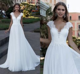 Bohemian Trouwjurk V-hals Cap Mouw Een lijn Boho Simple Bridal Jurken Vestido de Noiva 2021 Elegante Plus Size Bride Jurken