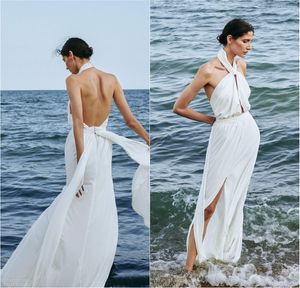 Robes de mariée bohème 2020 Sexy licou avant fendu robes de mariée simplement plage dos nu en mousseline de soie une ligne robe de mariée