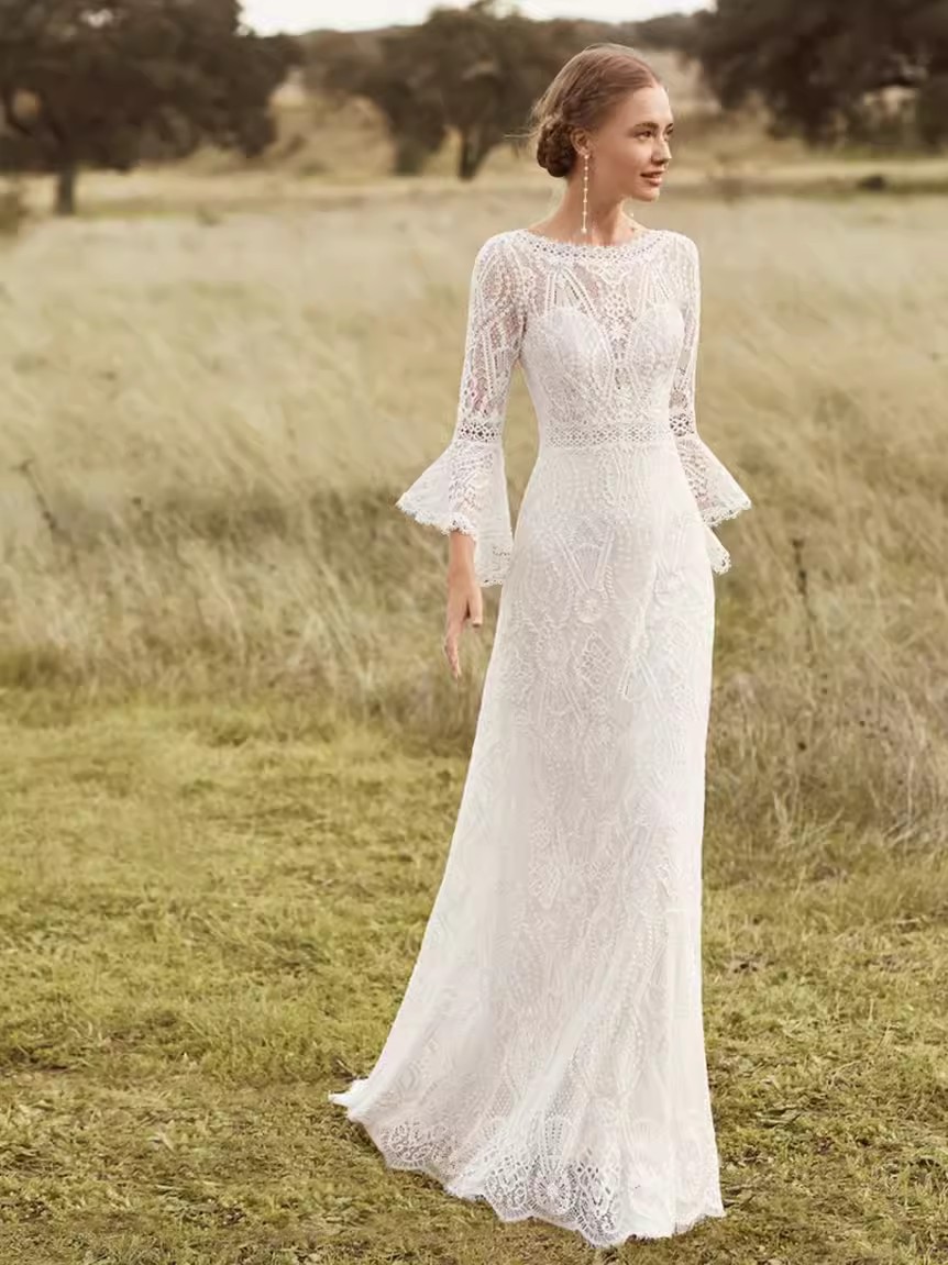 Boheemse trouwjurken Illusie Lace Bruids Jurk Sweep Train Backless Long Sleeve trouwjurken Boho Plus Size Beach Bridal Dress