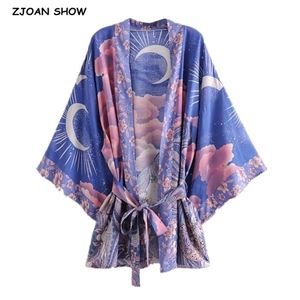 Bohème Femmes Bleu Espace Lune Fleur Imprimer Kimono Chemise Vacances Plage Bow Ceintures Mi Long Cardigan Blouse Boho Tops 210401