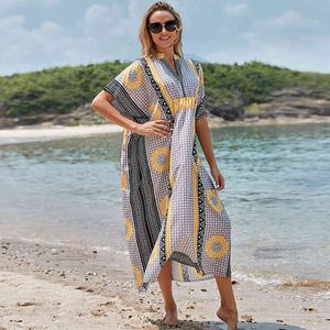 Bohemian Dames Zomer Strand Jurk Zwemkleding Cover Up Polyester Tuniek Sexy V-hals Robe Caftan Bikini Cover-UPS Pareo Q927 210420