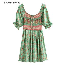 Bohemian Wood Ears Slash Collar Floral Print Elastic Ruched Mini Jurk Boho Holiday Woman Puff Sheeve Short Dresses 210429