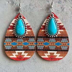 Bohemian Wood Turquoise Chardet en larmes Boucles d'oreilles pour femmes en pierre de pin