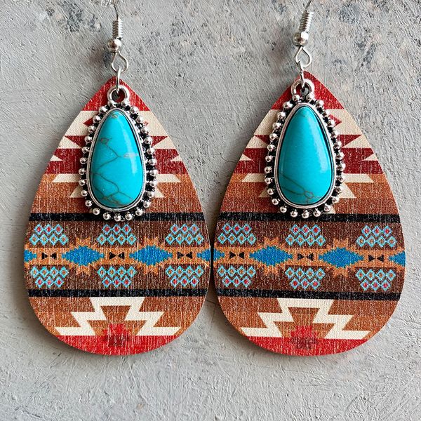 Bohemian Wood Turquoise Chardet en larmes Boucles d'oreilles pour femmes en pierre de pin