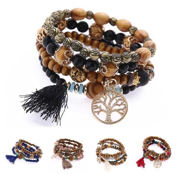 Bohemian Wooden Perles arbre de vie Charms bracelet bracelet Femmes Filatme Feath Bracelets élastiques bijoux de bracelets DLH416