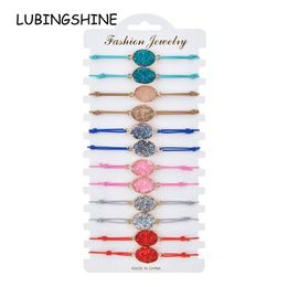 Boho 12 stücke Sets Elastische Naturstein Druzy Oval Charms Armband Frauen Mädchen Kinder Einstellbare Seil Kette Kristall Armband Jewelry268F