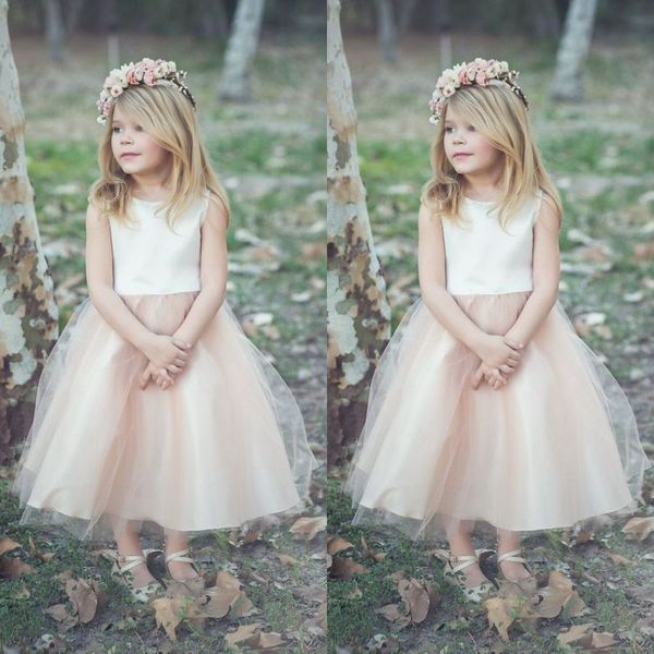 Boho 2016 Ivory Blush Pink Tafetán Vestidos de niñas de flores para bodas Joya barata Longitud de té Vestido de fiesta de cumpleaños por encargo China EN9288